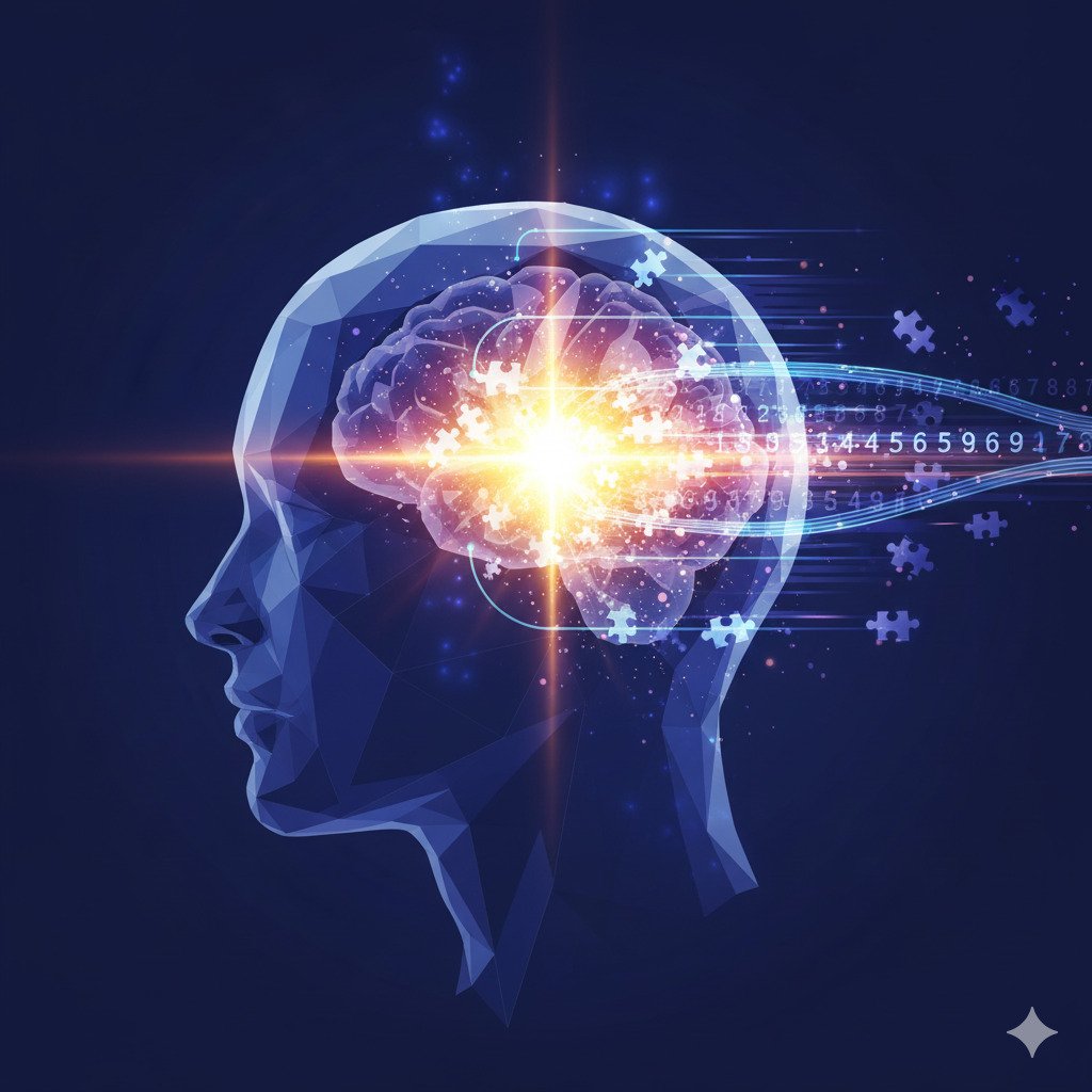 Conceptual digital art illustrating the speed of intuition in puzzle solving. A stylized human head in profile, with glowing, streamlined puzzle pieces and number sequences flowing rapidly into the brain. A bright, intuitive spark ignites at the core. A sense of speed is conveyed with subtle motion blur lines. Modern, abstract style with a color palette of deep blues and purples, contrasted with a vibrant golden or white light for the intuitive spark and pathways.