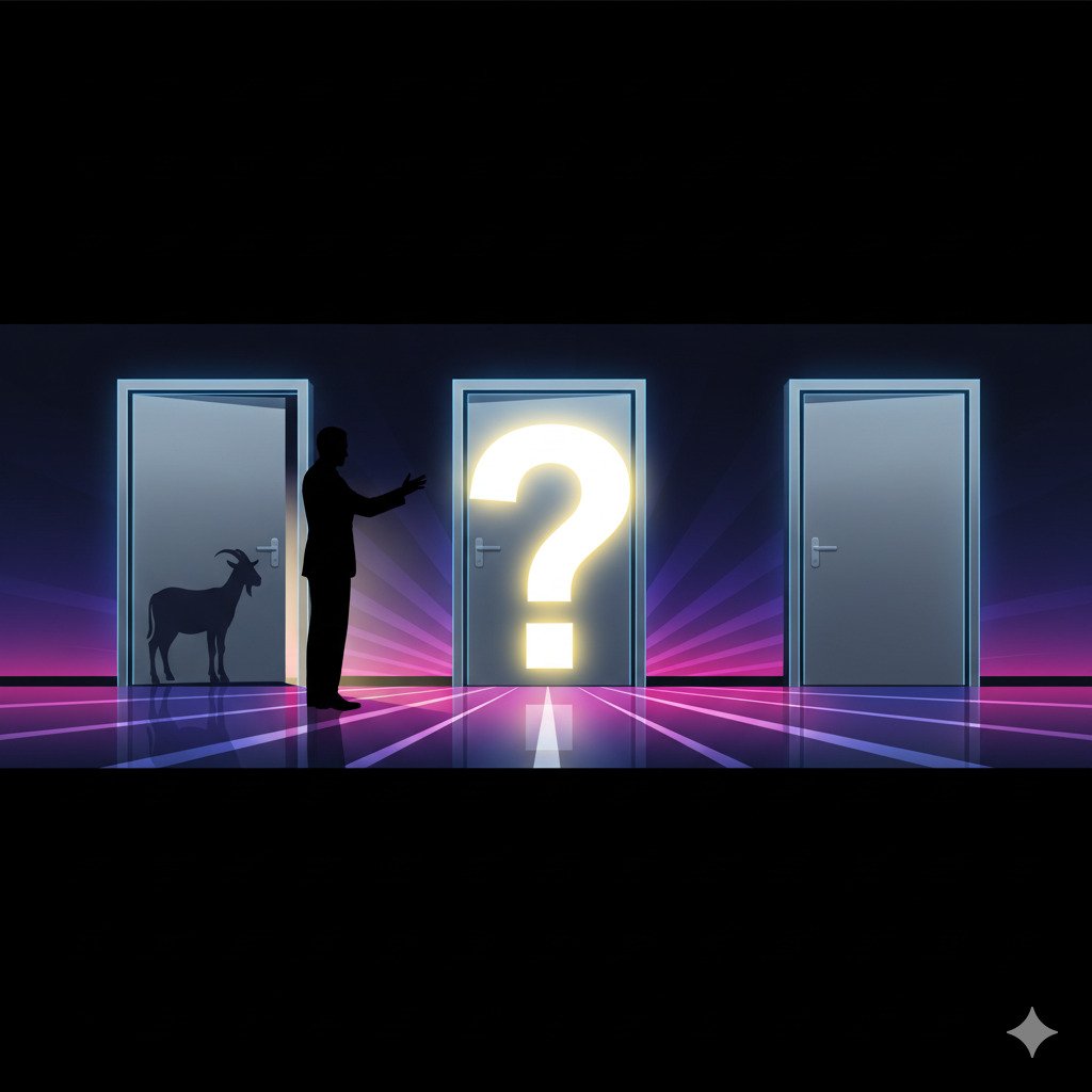 Conceptual digital art illustrating the Monty Hall Problem. Three modern, identical closed doors are lined up on a vibrant game show stage. A large, glowing question mark hovers in front of the middle door. A silhouette of a game show host is gesturing towards the doors. One of the side doors is slightly ajar, revealing the shadow or silhouette of a goat. The overall feeling is one of choice, mystery, and probability. Clean, modern graphic design style. Widescreen.