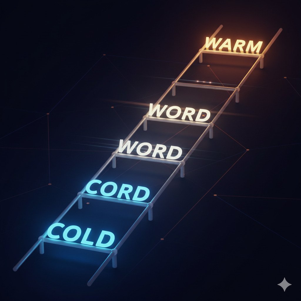 Conceptual digital art of a glowing ladder ascending upwards. Instead of rungs, each step is a four-letter word made of block letters, showing a transformation. The word at the bottom is 'COLD' and the word at the top is 'WARM'. The words in between are slightly blurred but suggest a gradual change. Stylized, modern, and visually intriguing. For a blog about word puzzles.