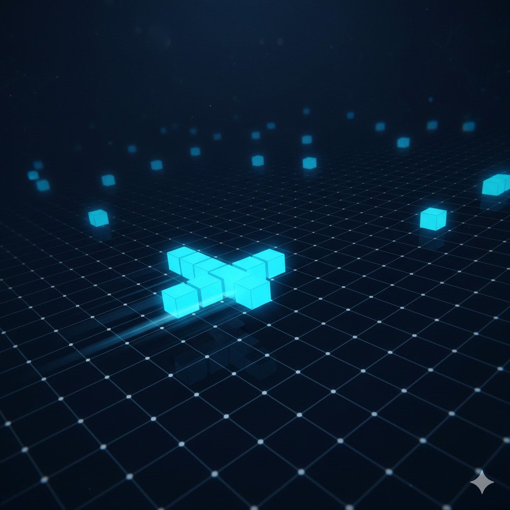 Dynamic digital art of Conway's Game of Life. A glowing, vibrant blue 'glider' pattern moving diagonally across a dark, grid-like background. Other dimmer, stable patterns are visible in the distance. Evokes a sense of computational life and movement. Abstract, for a blog about mathematics.