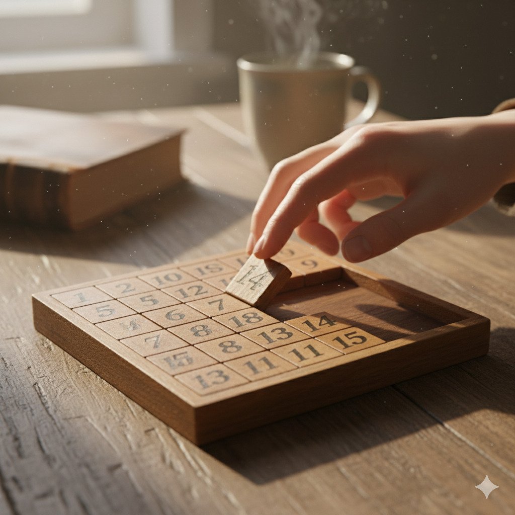 A beautifully crafted, vintage wooden sliding block puzzle, the classic 15 Puzzle, resting on a rustic wooden tabletop. The numbered tiles are slightly worn, showing their age. One space is empty, creating a sense of an unfinished challenge. A person's hand is poised thoughtfully over the puzzle, as if contemplating the next move. The lighting is warm and soft, coming from a nearby window. Photorealistic, high detail, nostalgic atmosphere. For a blog about classic logic games.