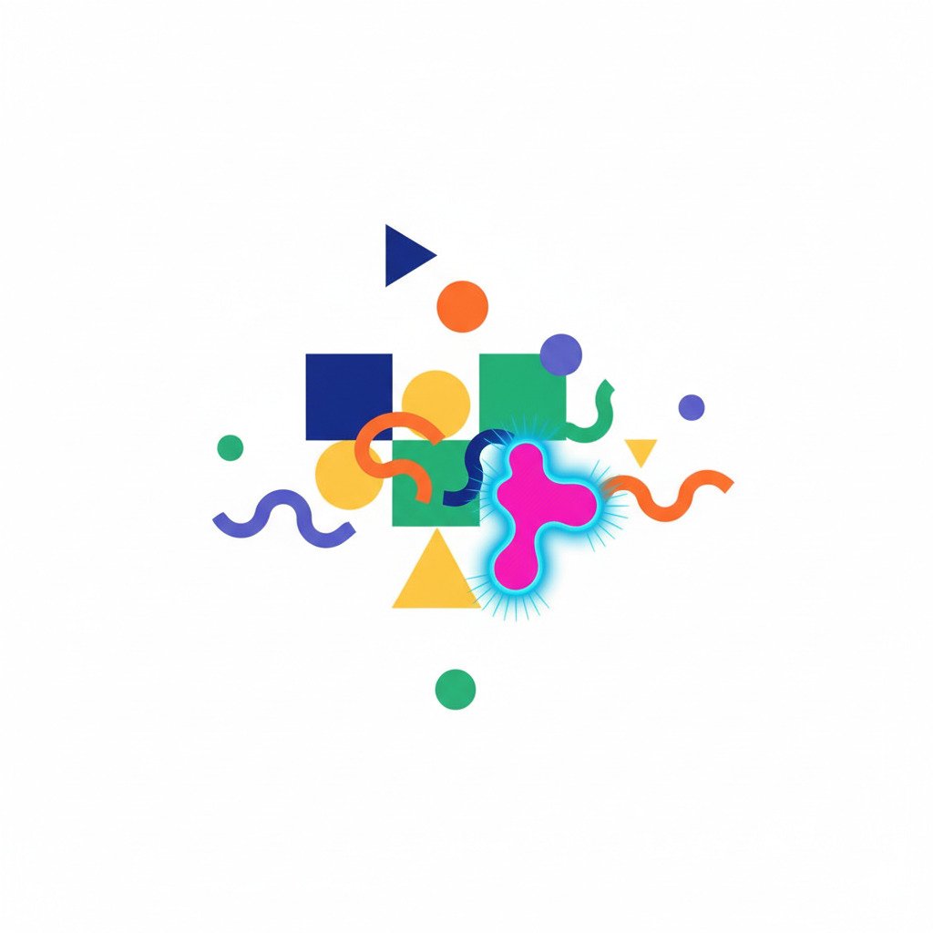 A conceptual digital art illustration for a blog about abstract reasoning. A collection of colorful, abstract geometric shapes (squares, circles, triangles, squiggles) are floating against a clean, minimalist background. One of the shapes is subtly highlighted with a distinct glow or a different, vibrant color, representing the 'odd one out' in a logic puzzle. Modern flat design style, vibrant but harmonious color palette. Evokes a sense of intelligence, pattern recognition, and problem-solving.