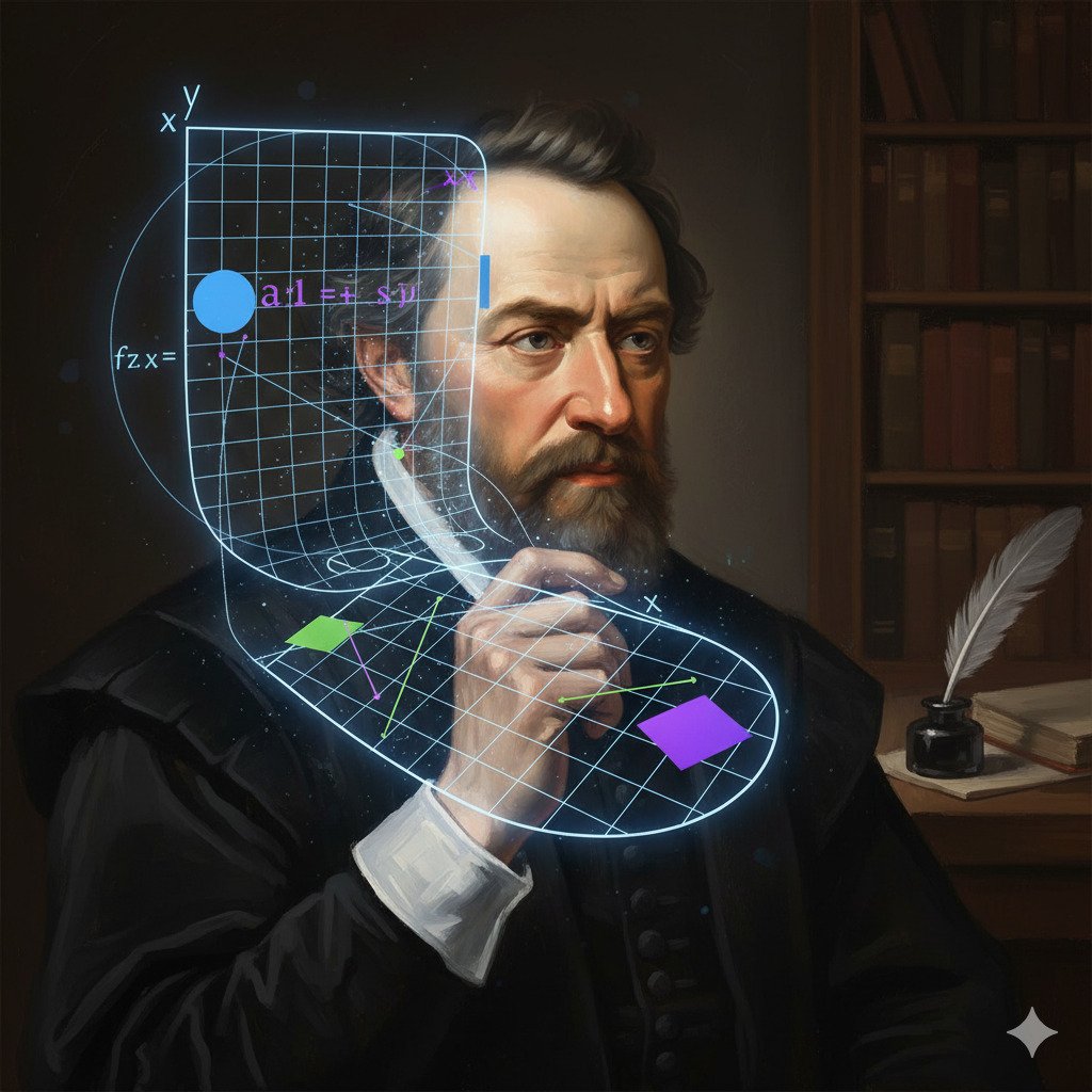 Conceptual digital art of the philosopher René Descartes. A thoughtful portrait in the style of a 17th-century oil painting, but from his mind, a luminous, glowing Cartesian coordinate plane (x-y grid) emerges and expands into the foreground. On the grid, simple geometric shapes like circles and lines are plotted. The mood is intelligent, historical, and innovative. Dramatic lighting emphasizes the glowing grid. For a blog about math history and philosophy.
