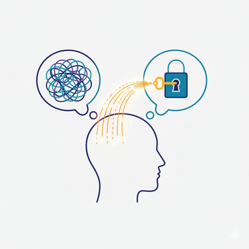 Conceptual digital art illustrating analogical thinking. A stylized human head in profile. Two thought bubbles emerge: one contains a complex, abstract puzzle, like a tangled knot or intricate maze. The other thought bubble contains a simple, solved analogy, like a key fitting perfectly into a lock. A glowing bridge of light or a series of luminous lines connects the simple analogy to the complex puzzle, showing the transfer of the solution. Modern, abstract, clean lines. The color palette should evoke clarity and insight (e.g., deep blues with a bright, warm connecting light). For a blog about psychology and problem-solving.