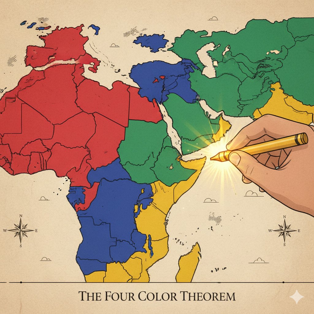 A beautiful, stylized map of imaginary countries, being colored with exactly four vibrant, distinct colors (e.g., red, blue, green, and yellow), illustrating the Four Color Theorem. No two adjacent countries share the same color. A hand holding a glowing crayon can be seen completing the final section of the map. The style is a mix of vintage cartography and modern digital art, evoking a sense of discovery and a solved puzzle. Widescreen, for a blog post header.