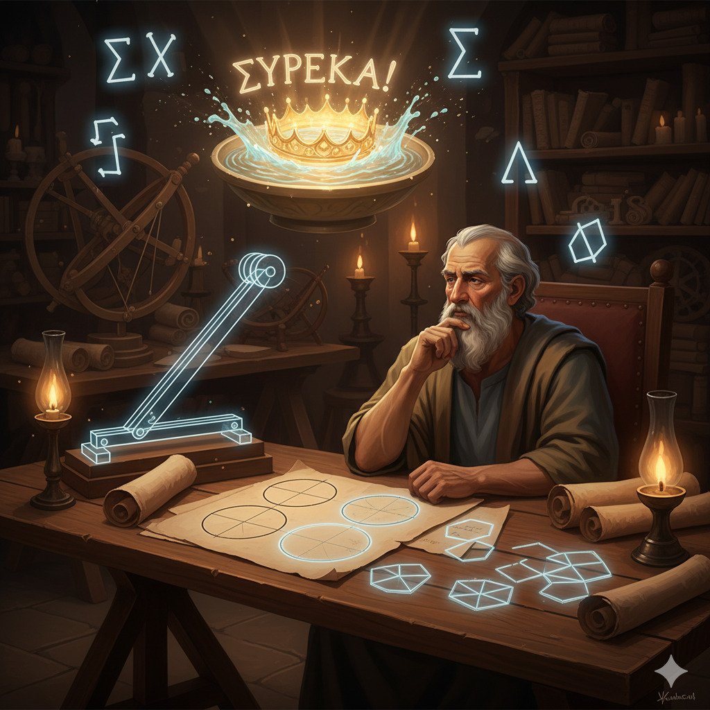 Conceptual digital art of the ancient Greek mathematician Archimedes in his study, portrayed as a thoughtful scholar. He is surrounded by glowing, ethereal symbols of his genius: a diagram of a lever, a golden crown splashing in water, geometric drawings of spheres and circles on ancient scrolls, and the 14 geometric pieces of the Stomachion puzzle laid out on a table. The style is a blend of historical realism and artistic fantasy. Warm, dramatic lighting from an oil lamp illuminates the scene. For a blog about science and puzzles.