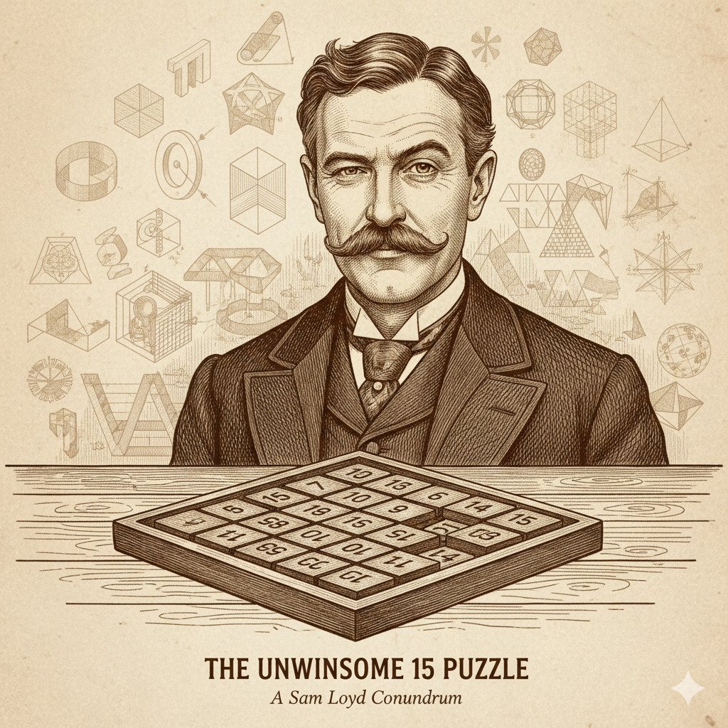 Digital art in a vintage, Victorian engraving style. A clever-looking man with a mustache, resembling Sam Loyd, winks at the viewer. In front of him, on a wooden table, sits the famous 15 Puzzle with the 14 and 15 tiles swapped. The background is a faint collage of other mysterious puzzle diagrams and optical illusions. Sepia tones, intricate line work, for a blog about historical puzzles.