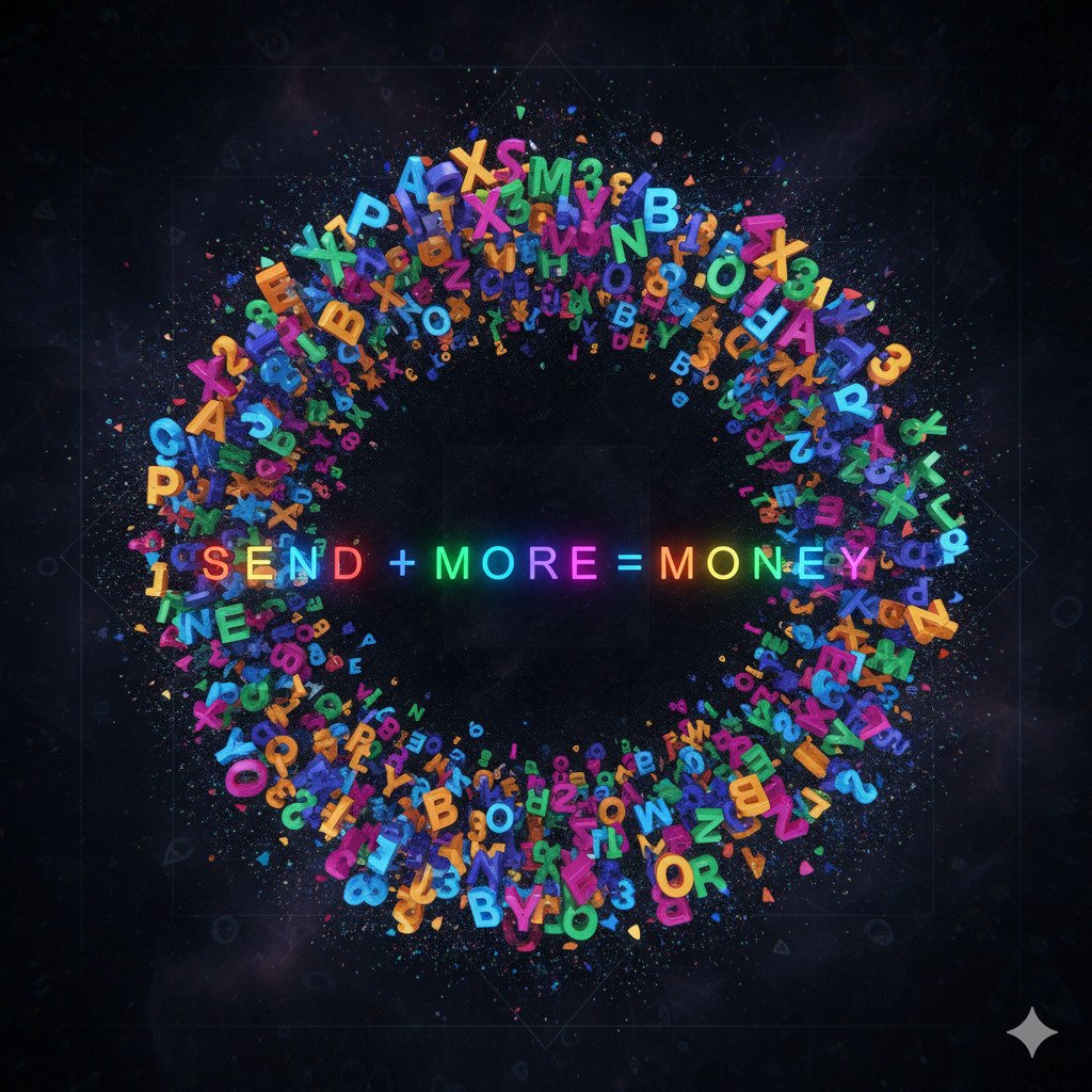 Abstract art representing verbal arithmetic. A swirl of letters and numbers intermingling and flowing into an addition equation. Some letters are glowing, hinting at their hidden numerical value. A vibrant and dynamic composition. For a blog about logic puzzles.