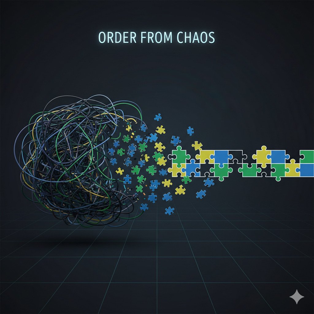 Conceptual digital art illustrating a large, complex, and tangled knot or a chaotic scribble being methodically transformed into a neat, orderly line or pattern. The transition shows the tangled part being broken down into smaller, distinct puzzle pieces that then fit together perfectly. Evokes a sense of order from chaos and problem-solving. Modern, minimalist, or abstract style. For a blog about life skills learned from puzzles.