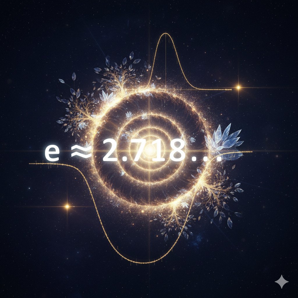 Conceptual digital art illustrating the mathematical constant 'e' (Euler's number). A glowing logarithmic spiral, like a nautilus shell, should be a central element. Blend visuals of natural growth like branching trees, the elegant shape of a statistical bell curve, and the graceful sag of a catenary curve (hanging chain). The number e ≈ 2.718... could be subtly integrated or glowing. The atmosphere should feel fundamental and mysterious, with a cosmic or deep-space color palette (deep blues, purples) and golden or white highlights. For a blog about hidden mathematical patterns.