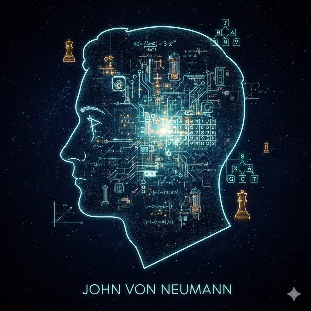 Conceptual digital art tribute to John von Neumann. A stylized silhouette of a man's head in profile, perhaps with hints of 1940s style. Inside the head, a complex, glowing network of early computer schematics, neural pathways, and mathematical formulas are intertwined. Subtle symbols of game theory, like abstract chess pieces or decision trees, float around the silhouette. A color palette of blues, greens, and gold, evoking intelligence and early computing. Sophisticated and intellectual feel. For a blog about science and logic.