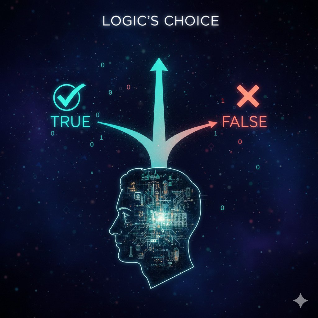Conceptual digital art of a path splitting into two distinct directions. One path is labeled with a glowing 'TRUE' or a checkmark, the other with a 'FALSE' or a cross mark. In the foreground, a stylized silhouette of a thinking head with intricate glowing lines inside. The scene is infused with subtle patterns of binary code (0s and 1s). Modern, clean design for a blog about logic puzzles.