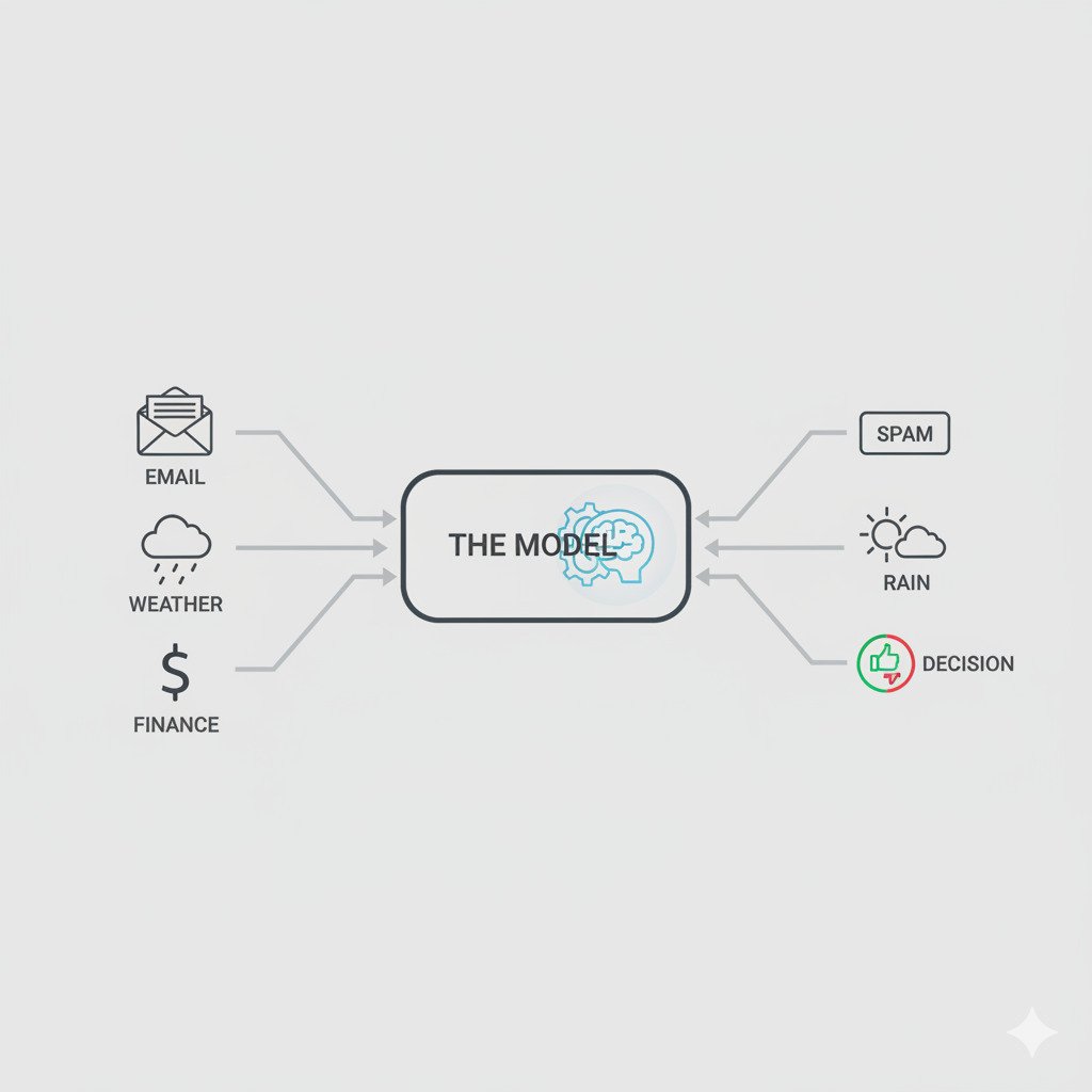 A clean, minimalist infographic diagram illustrating a simple AI model. On the left, show icons representing 'Inputs' (e.g., a letter icon for email, a cloud icon for weather, a dollar sign for finance). Arrows point from the inputs to a central, sleek 'black box' labeled 'THE MODEL' with a subtle gear or brain icon inside. On the right, arrows point from the model to icons representing 'Outputs' (e.g., a 'Spam' label, a 'Rain' prediction, a 'Thumbs Up/Down' for a decision). The style should be modern, clear, and educational. Use a simple color palette with a neutral background. Widescreen aspect ratio.