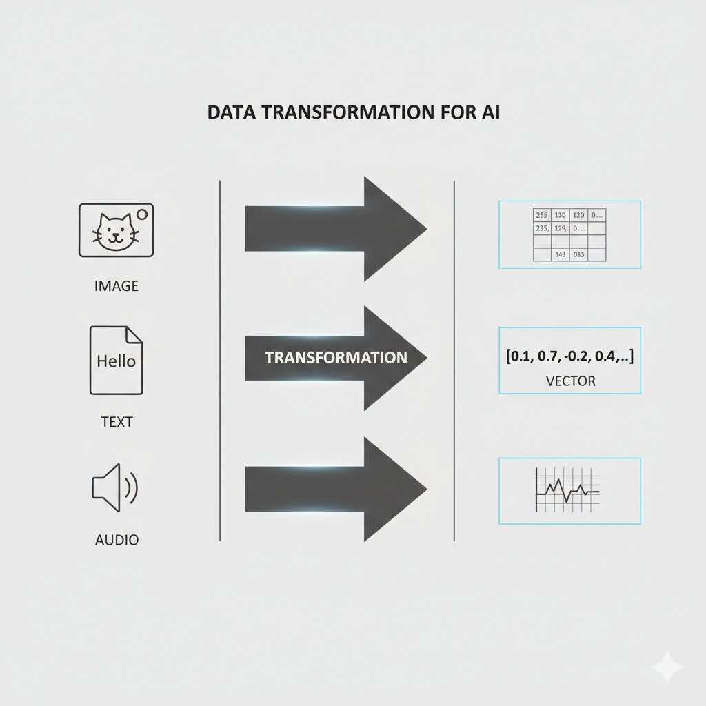 A clean, modern infographic diagram showing data transformation for AI. In three distinct sections from left to right: 1. On the left, show three simple icons: a photograph icon of a cat, a text document icon with the word 'Hello', and a sound wave icon. 2. In the middle, show three prominent arrows pointing from the icons to their numerical representations. 3. On the right, show the corresponding numerical forms: a grid of numbers (matrix) for the cat photo, a list of numbers (vector) labeled [0.1, 0.7, -0.2...] for the word 'Hello', and a line graph of a digital wave for the sound wave. The style should be minimalist, educational, and diagrammatic. Use a simple color palette on a neutral background. Widescreen aspect ratio.