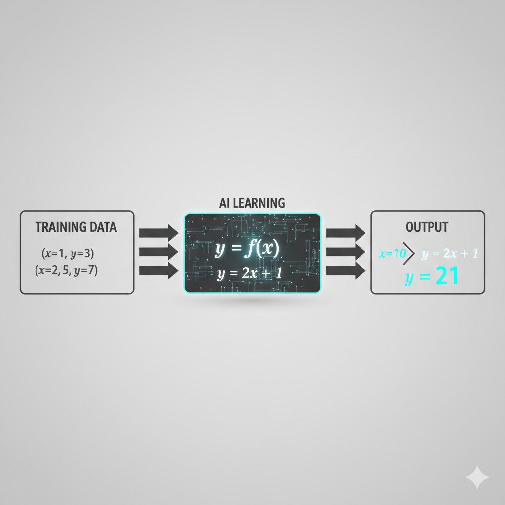 A clean, modern infographic diagram illustrating the concept of learning a function. On the left, show a 'Training Data' box with example pairs inside, like (x=1, y=3), (x=2, y=5), (x=3, y=7). Arrows point from this box to a central, semi-transparent 'black box' labeled 'AI LEARNING'. Inside the 'AI LEARNING' box, a single, glowing, elegant mathematical function is being revealed, like a puzzle being solved. Show the text y = f(x) prominently, with the f glowing. On the right, show an 'Output' area where a new input, x=10, is fed into the now-revealed function, producing the correct output y=21. The style is minimalist, educational, and diagrammatic, with a clean color palette on a neutral background. Widescreen aspect ratio.