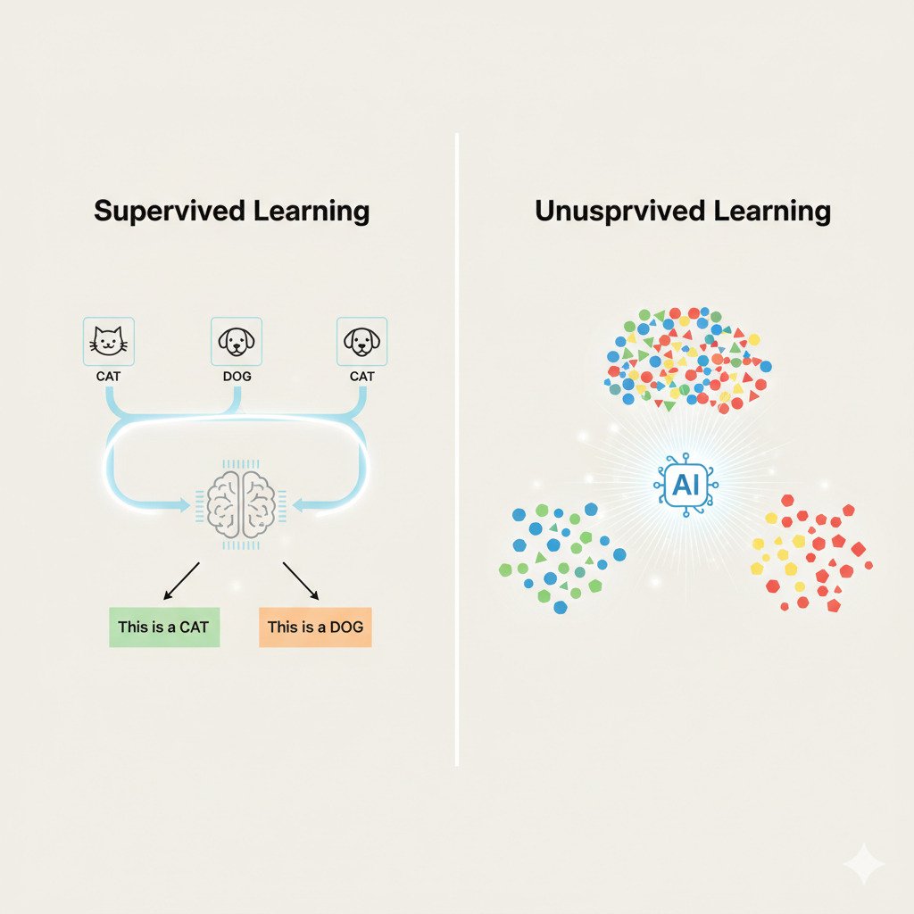 Conceptual infographic comparing Supervised Learning and Unsupervised Learning for AI. On the left side, for Supervised Learning: Show a clear pathway with labeled data points (e.g., simple icons like a cat photo labeled 'CAT', a dog photo labeled 'DOG') feeding into a brain/processor icon. An arrow points from this to a clear output decision like 'This is a CAT' or 'This is a DOG'. Style: Clean, educational, perhaps with a guiding line or pathway. On the right side, for Unsupervised Learning: Show a large cluster of unlabeled data points (e.g., diverse colorful dots, some slightly different shapes) being organized into distinct groups or clusters by an AI algorithm (represented by radiating lines or a subtle glow). No explicit labels needed, just the emergence of structure. Style: Abstract, illustrating discovery, perhaps with a sense of exploration. Use a consistent, modern, minimalist color palette across both sides. Use a neutral background.
