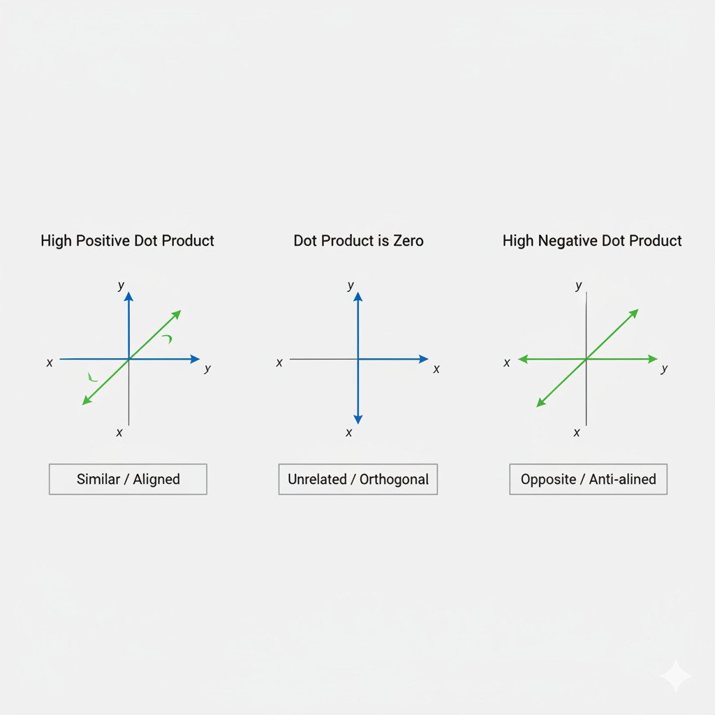 A clean, three-panel infographic diagram illustrating the geometric meaning of the dot product. Use a simple 2D coordinate plane in each panel. Left Panel: Label 'High Positive Dot Product'. Show two vectors as arrows from the origin, pointing in very similar directions (e.g., a small angle between them). Add a text box saying 'Similar / Aligned'. Middle Panel: Label 'Dot Product is Zero'. Show two vectors at a 90-degree angle to each other. Add a text box saying 'Unrelated / Orthogonal'. Right Panel: Label 'High Negative Dot Product'. Show two vectors pointing in opposite directions (e.g., one up-right, one down-left). Add a text box saying 'Opposite / Anti-aligned'. The overall style should be modern, minimalist, and educational, using a clean color palette (e.g., blue for one vector, green for the other) on a neutral background.