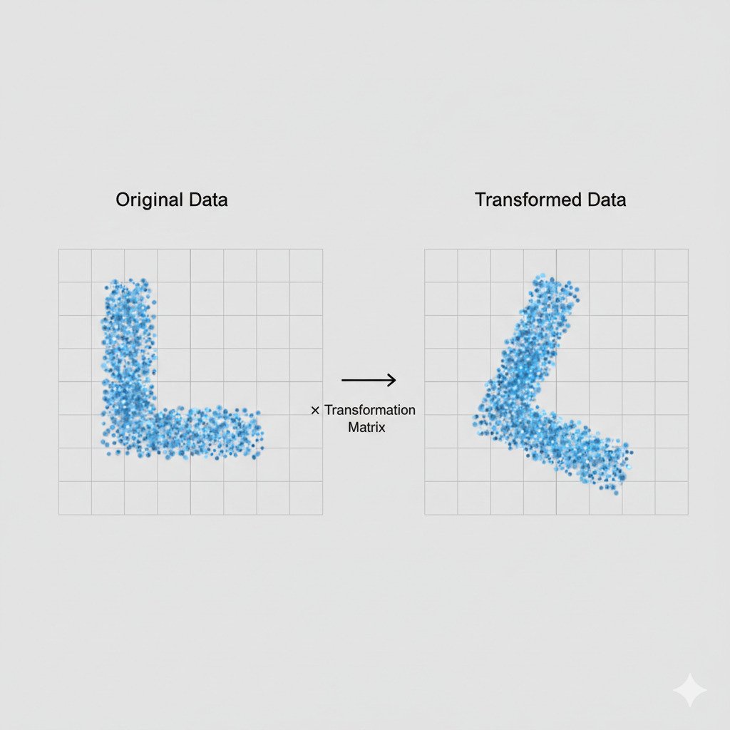 A conceptual, two-part infographic diagram illustrating matrix multiplication as a data transformation. On the left, show a 'Data Landscape' as a 2D plot with a cluster of blue data points in a specific shape (e.g., a square or an 'L' shape). An arrow labeled '+ Transformation Matrix' points from this plot. On the right, show the 'Transformed Landscape'. The same cluster of blue data points should now be clearly rotated and stretched into a new shape (e.g., the square is now a tilted rhombus, or the 'L' shape is rotated and scaled). The overall style is modern, minimalist, and educational. Use glowing points for the data and a clean grid background. Clearly label the 'Before' and 'After' states.