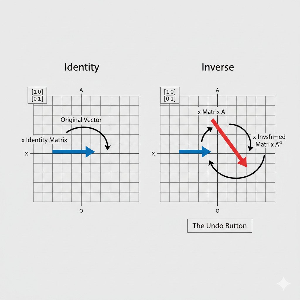 A clean, two-panel infographic diagram illustrating the Identity and Inverse matrices. Left Panel ('Identity'): Show a 2D coordinate plane with a single vector as a blue arrow. An arrow representing the multiplication action, labeled 'x Identity Matrix', points from the blue arrow back to itself, showing it hasn't moved. In a corner, display a simple 2x2 Identity Matrix with 1s on the diagonal and 0s elsewhere. Right Panel ('Inverse'): Show a 2D coordinate plane. A blue arrow represents an 'Original Vector'. A curved arrow labeled 'x Matrix A' points to a new, rotated red arrow labeled 'Transformed Vector'. From the red arrow, another curved arrow labeled 'x Inverse Matrix A⁻¹' points back to the original blue arrow's position, completing a cycle. Add a text box saying 'The Undo Button'. The overall style is modern, minimalist, and educational, with a clean color palette on a neutral background.