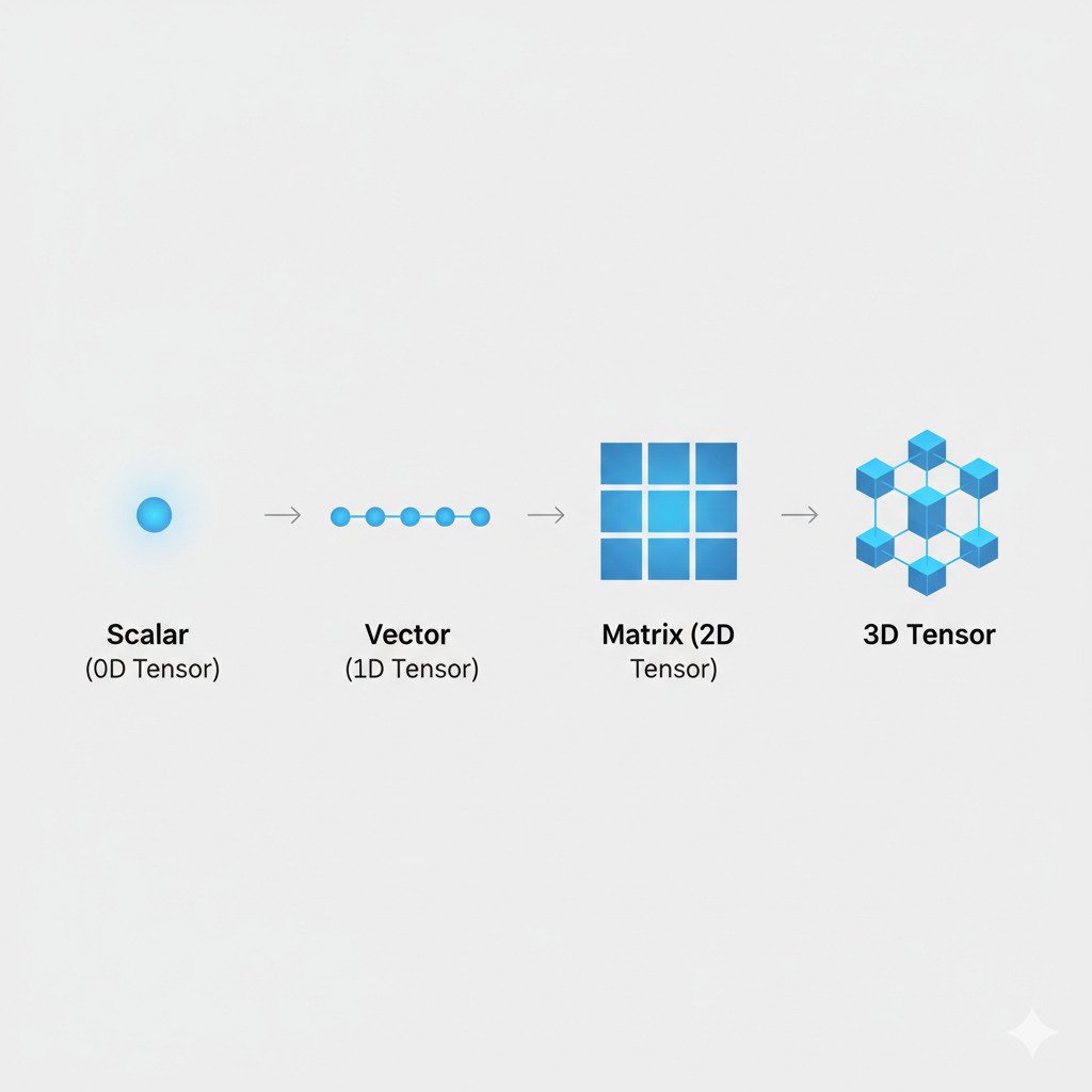 A clean, educational infographic diagram showing the hierarchy of tensors in AI. Display a sequence of four items, increasing in dimension from left to right: 1. On the far left, a single point labeled 'Scalar (0D Tensor)'. 2. Next, a simple line of connected points or a bar labeled 'Vector (1D Tensor)'. 3. Next, a flat 2D grid of squares labeled 'Matrix (2D Tensor)'. 4. On the far right, a 3D cube made of smaller cubes, representing a '3D Tensor'. Use clear arrows to show the progression of dimensionality. The style should be modern, minimalist, and diagrammatic, with a clean color palette on a neutral background.