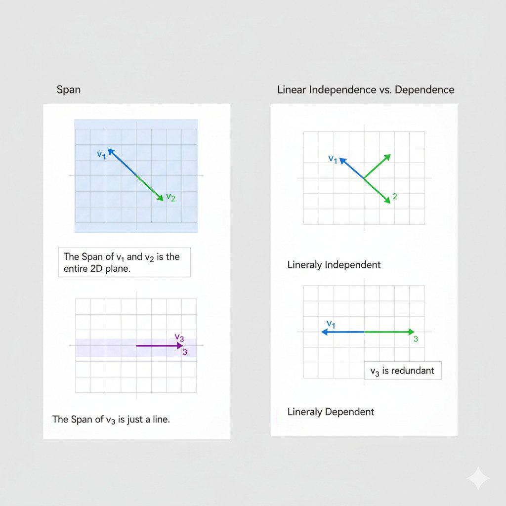 A clean, two-panel infographic diagram explaining 'Span' and 'Linear Independence'. Left Panel ('Span'): Show a 2D coordinate plane. At the origin, there are two vectors as arrows, v1 and v2, pointing in different directions. The entire plane is shaded in a light color, with text that says: 'The Span of v1 and v2 is the entire 2D plane.' Also, show a single vector v3 on a separate axis, with only the line it sits on being shaded, and text that says: 'The Span of v3 is just a line.' Right Panel ('Linear Independence vs. Dependence'): Show two sub-panels. • Top sub-panel is labeled 'Linearly Independent'. It shows two vectors, v1 and v2, pointing in clearly different directions. • Bottom sub-panel is labeled 'Linearly Dependent'. It shows two vectors, v1 and v3, pointing in the exact same direction, with v3 just being longer than v1. Add a text box saying 'v3 is redundant'. The overall style is modern, minimalist, and educational, using a clean color palette.