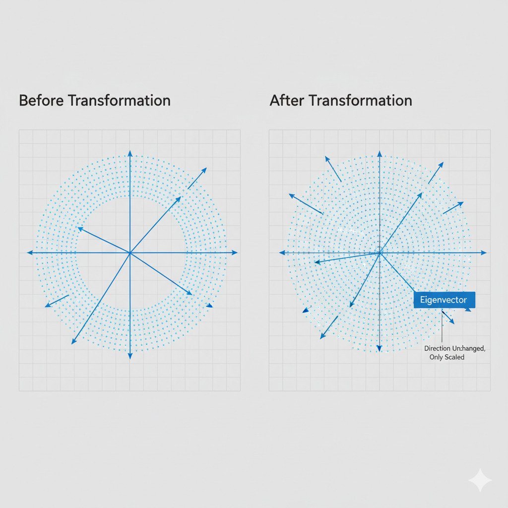 A clean, two-panel infographic diagram illustrating eigenvectors. Left Panel ('Before Transformation'): Show a 2D coordinate plane with a circular grid of points. Highlight several vectors from the origin to points on the grid in different directions, including one horizontal and one vertical. Right Panel ('After Transformation'): Show the same grid of points now transformed (e.g., stretched horizontally and sheared), so it's a tilted ellipse. • Most of the highlighted vectors from the left panel should now be pointing in new directions. • Crucially, show one special vector (e.g., the original horizontal one) that is now longer but still pointing in the exact same horizontal direction. Label this vector clearly as 'Eigenvector'. Add a small annotation like 'Direction Unchanged, Only Scaled'. The overall style is modern, minimalist, and educational, with a clean color palette.