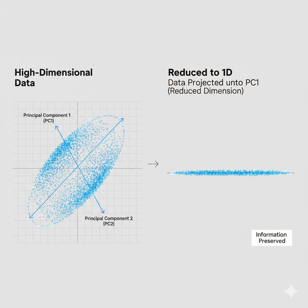 A clean, two-panel infographic diagram illustrating Principal Component Analysis (PCA). Left Panel ('High-Dimensional Data'): Show a 2D coordinate plane with a tilted, elliptical 'cloud' of data points. Draw the main axes of this ellipse as two perpendicular, glowing arrows. Label the longer arrow 'Principal Component 1 (PC1)' and the shorter arrow 'Principal Component 2 (PC2)'. Right Panel ('Reduced to 1D'): Show only a single horizontal line representing the PC1 axis. All the data points from the left panel should now be 'projected' (like shadows) onto this single line, showing their positions along that most important dimension. Label this panel 'Data Projected onto PC1 (Reduced Dimension)'. Add a small text box saying 'Information Preserved'. The overall style is modern, minimalist, and educational, with a clean color palette.