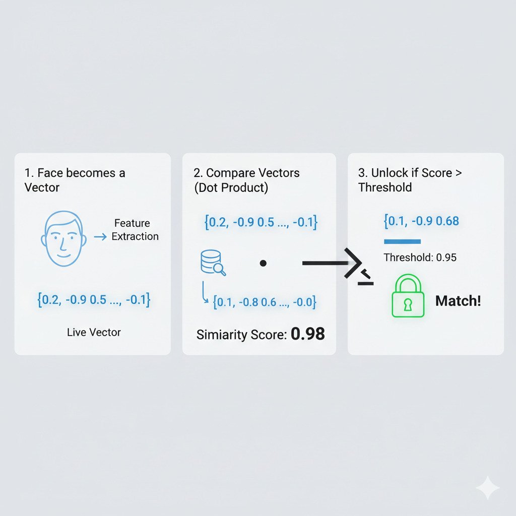 A clean, three-step infographic diagram explaining how facial recognition might work with linear algebra. Step 1 ('Capture & Vectorize'): On the left, show a simple, stylized icon of a human face. An arrow points from it to a representation of a vector (a list of numbers in brackets like [0.2, -0.9, 0.5,...]). Label this step '1. Face becomes a Vector'. Step 2 ('Compare'): In the center, show the new 'Live Vector' and a 'Stored Vector' from a database icon. An illustration should show a mathematical operation between them, perhaps using a dot • symbol to represent the dot product, resulting in a 'Similarity Score' (e.g., 'Score: 0.98'). Label this step '2. Compare Vectors (Dot Product)'. Step 3 ('Decision'): On the right, show the 'Similarity Score' being compared against a 'Threshold' (e.g., 'Threshold: 0.95'). An arrow points to a final icon of an 'Unlocked' padlock, indicating a successful match. Label this step '3. Unlock if Score > Threshold'. The overall style is modern, minimalist, and educational, with a clean color palette on a neutral background.