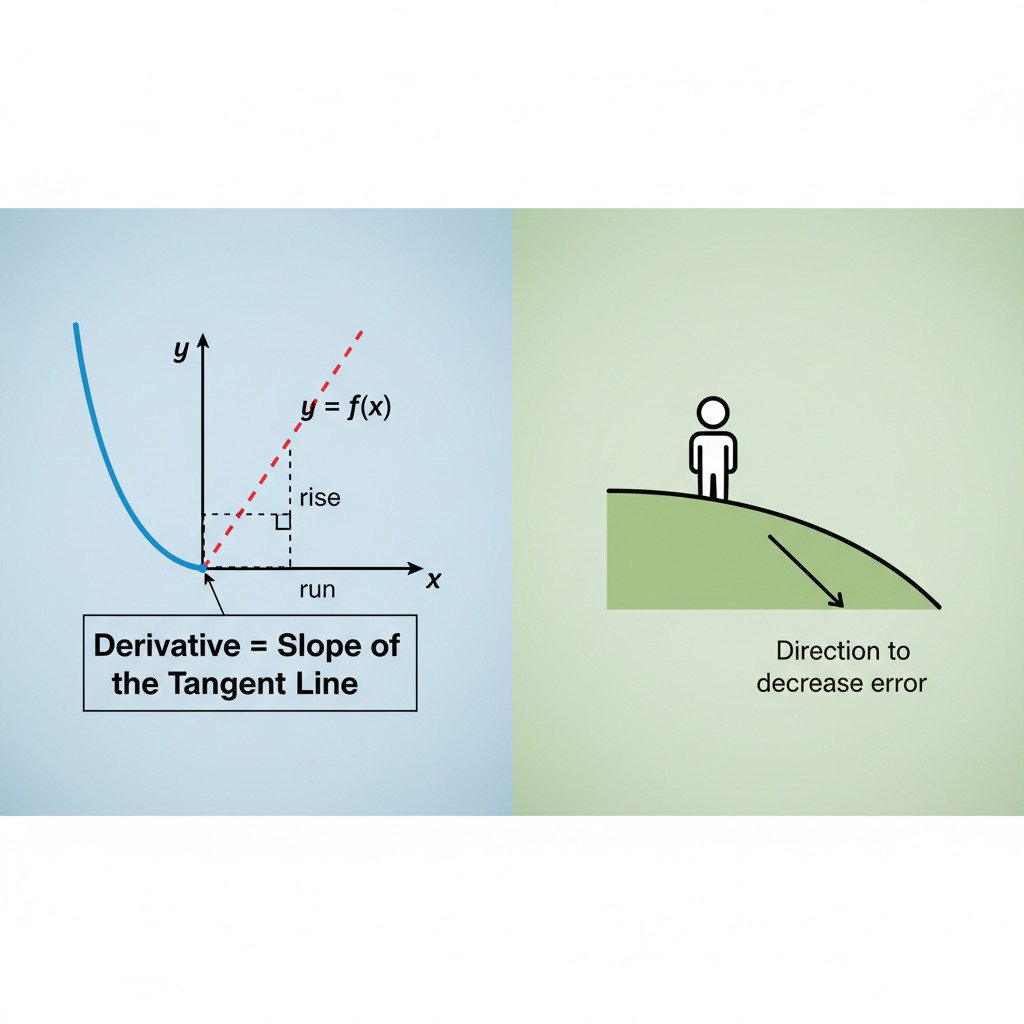 A clean, educational diagram illustrating the concept of a derivative as a slope. On the left side, show a simple, smooth, curved line representing a function y = f(x) on a 2D graph. At a specific point on the curve, draw a straight, dashed red line that is tangent to the curve at that one point. Use a small right-angle triangle to clearly show the 'rise' and 'run' of this tangent line, and label it with the text: 'Derivative = Slope of the Tangent Line'. Add an arrow pointing to this red line. On the right side of the image, show a simple icon of a person standing on a curved hill, with an arrow pointing downhill labeled 'Direction to decrease error'. The overall style should be modern, minimalist, and diagrammatic, with a clean color palette. Widescreen aspect ratio.