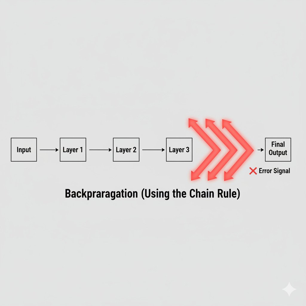 A clean, conceptual diagram illustrating the Chain Rule and Backpropagation in a neural network. On the left, show a simple 'Input' icon. Arrows flow from left to right through three sequential boxes labeled 'Layer 1', 'Layer 2', and 'Layer 3', finally pointing to a 'Final Output' on the right. At the far right, show a 'red X' or a 'Error Signal' icon next to the Final Output. From this Error Signal, draw a series of thick, glowing red arrows pointing backwards from right to left, going from the 'Final Output' to 'Layer 3', from 'Layer 3' to 'Layer 2', and from 'Layer 2' to 'Layer 1'. Label this backward flow clearly as 'Backpropagation (Using the Chain Rule)'. The style should be modern, minimalist, and educational, with a clean color palette on a neutral background. Widescreen aspect ratio.