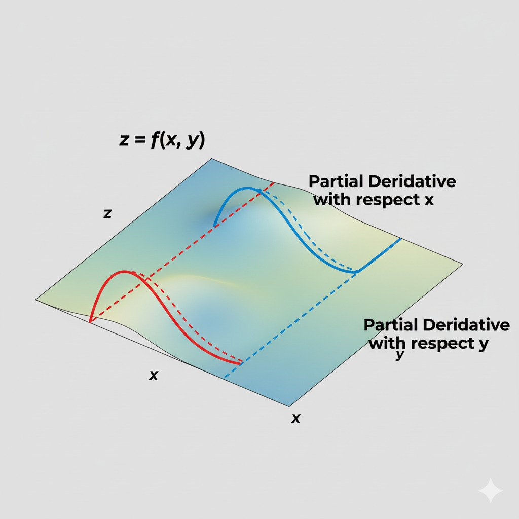A clean, conceptual infographic diagram explaining partial derivatives. On the left, show a beautiful, smooth 3D surface plot representing a function with two inputs, z = f(x, y). The surface should have hills and valleys. On this 3D surface, illustrate two 'slices'. • One slice should be a 2D curve parallel to the x-axis, showing how the function changes when only x varies. A tangent line should be drawn on this curve, labeled 'Partial Derivative with respect to x'. • Another slice should be a 2D curve parallel to the y-axis, showing how the function changes when only y varies. A tangent line on this second curve should be labeled 'Partial Derivative with respect to y'. The style should be modern, minimalist, and educational, with clear labels and a clean color palette. Widescreen aspect ratio.