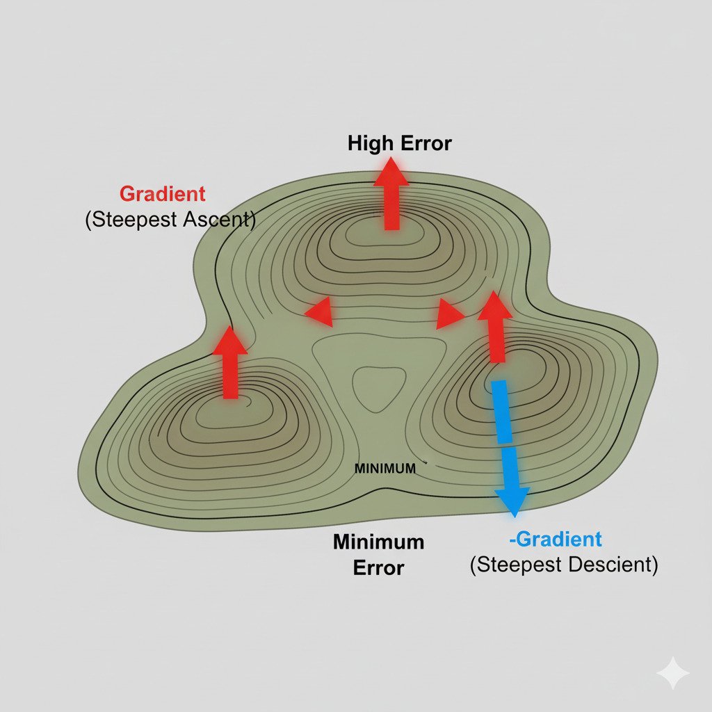 A conceptual, educational diagram illustrating the gradient. Show a topographical map of a landscape with contour lines indicating hills and a central valley. Label the peak 'High Error' and the valley 'Minimum Error'. At several points on the side of a hill, draw small, glowing red arrows that are perpendicular to the contour lines and point directly uphill. Label these arrows 'Gradient (Steepest Ascent)'. From one of these points, draw a second, glowing blue arrow that points in the exact opposite direction of the red arrow, pointing directly downhill towards the valley. Label this blue arrow '-Gradient (Steepest Descent)'. The overall style should be modern, clean, and diagrammatic, with a clear color distinction between the gradient and the descent path. Widescreen aspect ratio.
