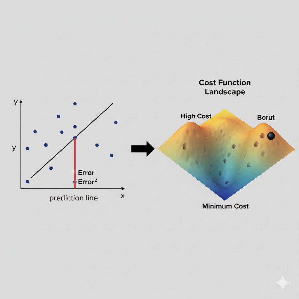 A clean, conceptual infographic illustrating a cost function. On the left, show a simple 2D scatter plot with several data points. Draw a 'prediction line' that clearly misses most of the points. For one specific data point, draw a bold, vertical red line connecting the point to the prediction line. Label this red line 'Error'. Show this error value being mathematically squared, e.g., 'Error²'. An arrow points from this diagram to the right side of the image. On the right, show a beautiful, smooth 3D surface plot representing the 'Cost Function Landscape'. Label the peaks 'High Cost' and a deep central valley 'Minimum Cost'. Show a point on the side of a hill, corresponding to the current model's high error. The overall style should be modern, minimalist, and educational. Widescreen aspect ratio.