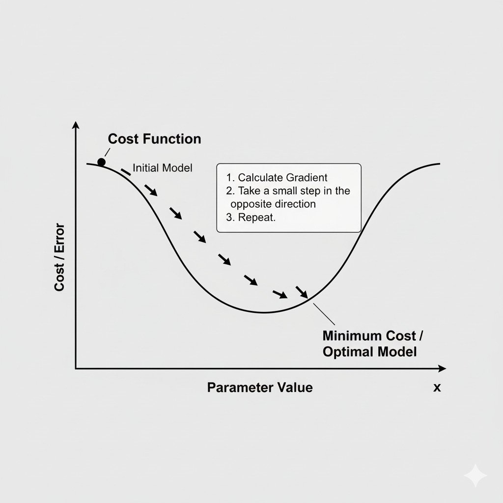 A conceptual, educational diagram illustrating the process of Gradient Descent. Show a smooth, 2D cross-section of a hilly 'Cost Function' curve, forming a valley. Label the vertical axis 'Cost / Error' and the horizontal axis 'Parameter Value'. On the side of the hill, place a dot representing the 'Initial Model'. From this dot, draw a sequence of arrows stepping downhill, following the curve, getting smaller with each step, and finally settling at the bottom of the valley. Label the bottom of the valley 'Minimum Cost / Optimal Model'. A text box next to the first step could say: '1. Calculate Gradient, 2. Take a small step in the opposite direction, 3. Repeat.' The overall style should be modern, minimalist, and diagrammatic, with a clean color palette and clear labels. Widescreen aspect ratio.
