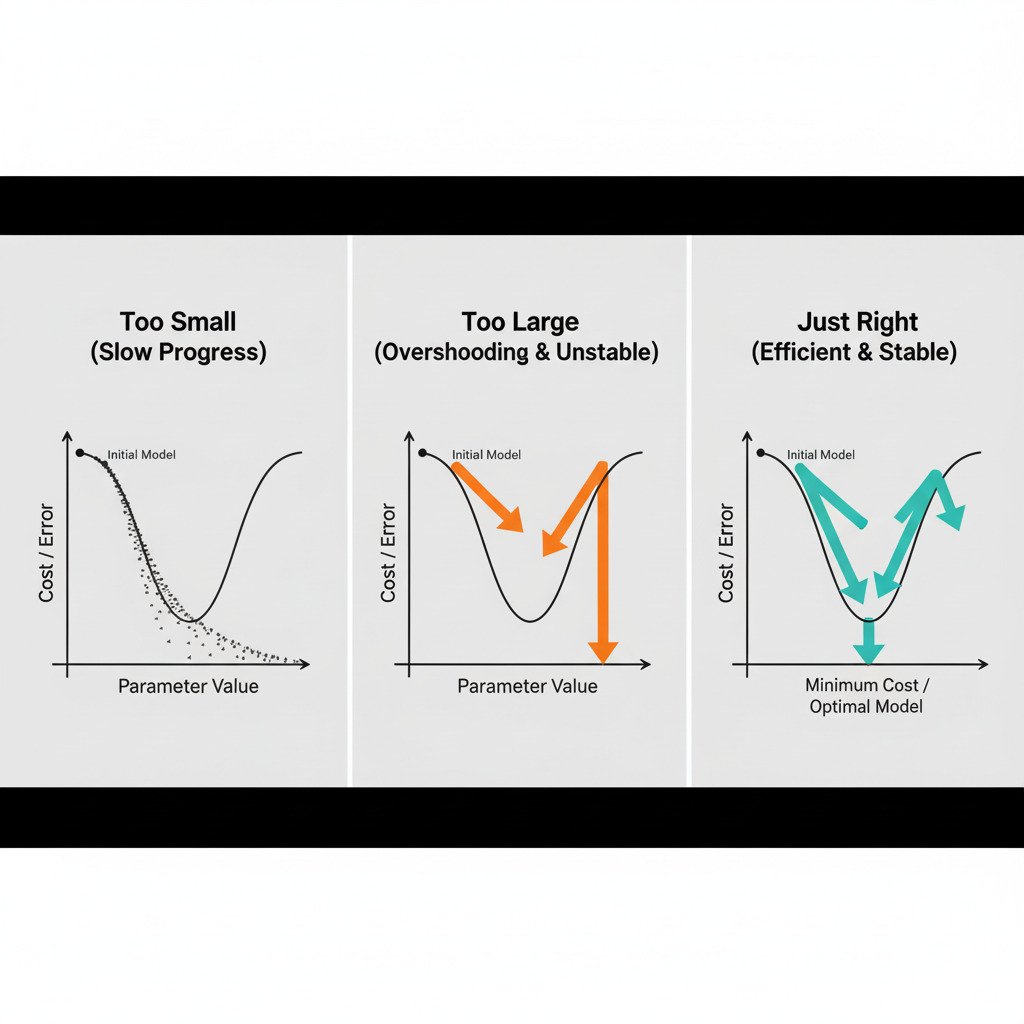 A clean, three-panel infographic diagram illustrating the effect of different learning rates on Gradient Descent. Each panel shows the same 2D cross-section of a 'Cost Function' valley. Left Panel ('Learning Rate Too Small'): Show a dot starting high on the hill, followed by a long sequence of very tiny, closely-spaced arrows stepping down the curve, not even close to the bottom yet. Label: 'Too Small (Slow Progress)'. Middle Panel ('Learning Rate Too Large'): Show a dot starting in the same spot, but a single large arrow 'leaps' completely over the valley minimum and lands high up on the other side. A second arrow then leaps back, overshooting again. Label: 'Too Large (Overshooting & Unstable)'. Right Panel ('Learning Rate Just Right'): Show a dot starting in the same spot, taking a few confident, well-spaced steps down the curve and settling neatly at the bottom of the valley. Label: 'Just Right (Efficient & Stable)'. The overall style is modern, minimalist, and educational, with a clear color palette. Widescreen aspect ratio.