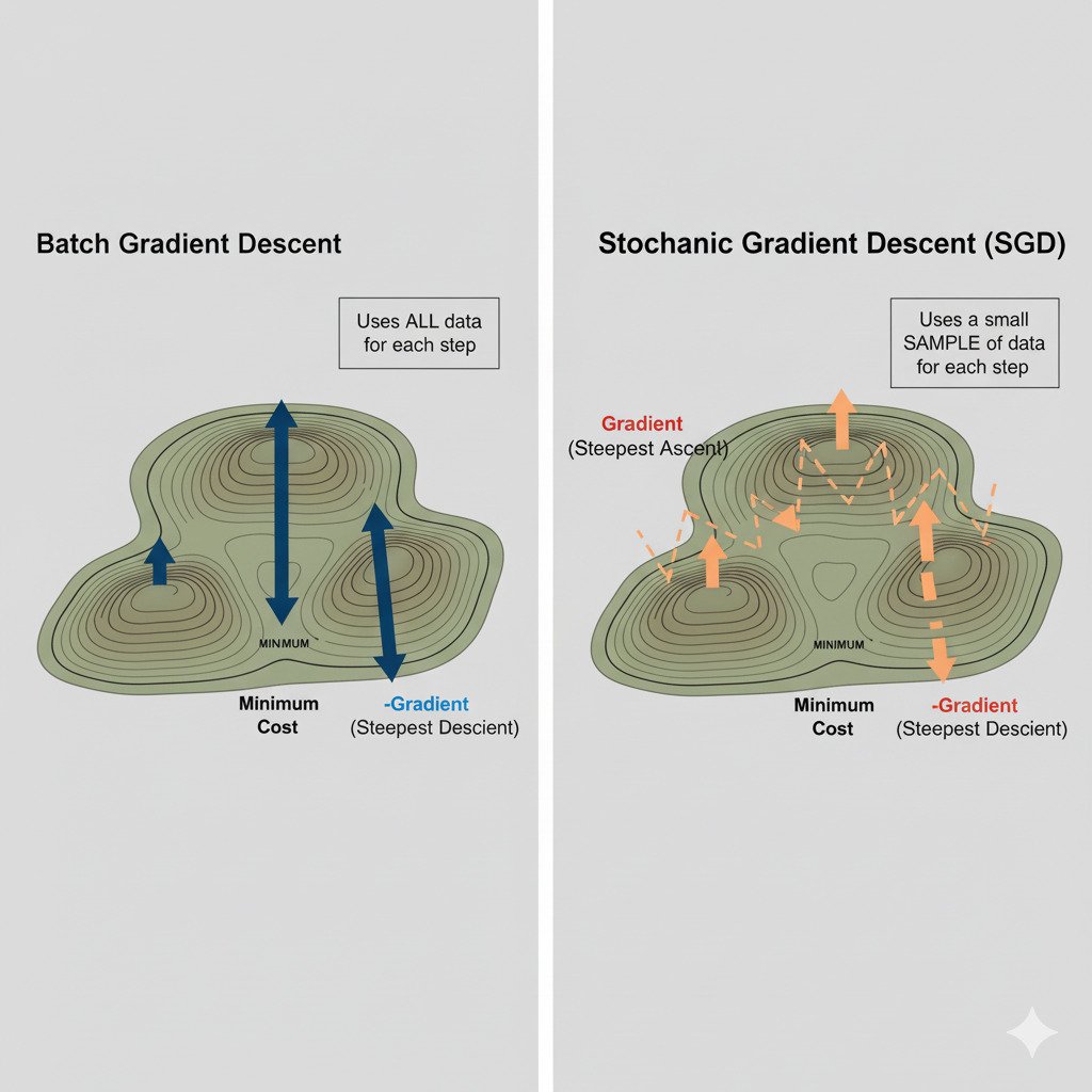 A clean, two-panel infographic diagram comparing Batch Gradient Descent and Stochastic Gradient Descent (SGD) on a topographical map of a cost function. Left Panel ('Batch Gradient Descent'): Show the topographical map with a valley. Draw a single, smooth, direct, and deliberate path of arrows stepping from a starting point down to the minimum of the valley. Label this path 'Smooth, Precise Path'. Add a text box saying 'Uses ALL data for each step'. Right Panel ('Stochastic Gradient Descent - SGD'): Show the same topographical map. From the same starting point, draw a much more erratic, zig-zagging, 'drunken walk' style of path that still generally trends downhill and eventually reaches the minimum. Label this path 'Noisy, Faster Path'. Add a text box saying 'Uses a small SAMPLE of data for each step'. The overall style is modern, minimalist, and educational, using a consistent color palette. Widescreen aspect ratio.