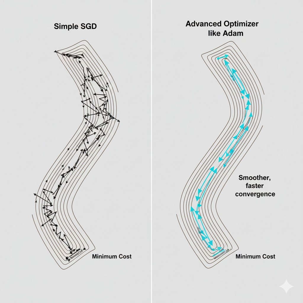 A clean, two-panel infographic diagram comparing the optimization paths of simple SGD versus an advanced optimizer like Adam. Both panels show the same 2D topographical map of a complex cost function, featuring a long, narrow, steep valley. Left Panel ('Simple SGD'): Show a path of arrows starting from the top. The path should be highly erratic, zig-zagging and bouncing from one steep wall of the narrow valley to the other, making very slow progress down the length of the valley. Right Panel ('Advanced Optimizer like Adam'): From the same starting point, show a much smoother and more direct path. The arrows should quickly align with the bottom of the narrow valley and take confident, larger steps along its length, reaching the minimum much faster. Label this path 'Smoother, faster convergence'. The overall style is modern, minimalist, and educational, with a clear color palette. Widescreen aspect ratio.