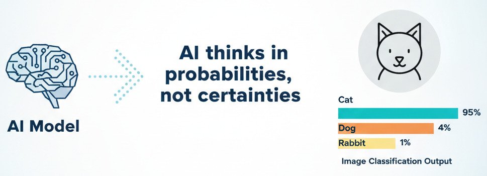 A clean, conceptual infographic explaining the role of probability in AI. On the left, show a simple icon of a brain or AI processor labeled 'AI Model'. An arrow points from it to the right. On the right, show the output for an image classification task. Display a clear, simple icon of a cat. Below the cat icon, show a horizontal bar chart or a set of gauges displaying the model's probabilistic output. • A long bar for 'Cat' should be at '95%'. • A very short bar for 'Dog' should be at '4%'. • A tiny bar for 'Rabbit' should be at '1%'. The overall style should be modern, minimalist, and educational. Use a clean color palette and clear labels. The main text on the image could be 'AI thinks in probabilities, not certainties.' Widescreen aspect ratio."