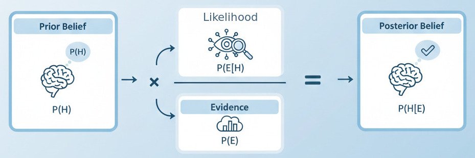 A clean, modern infographic diagram explaining the components of Bayes' Theorem. Create four distinct, labeled boxes connected by math symbols to form the equation Posterior = (Likelihood * Prior) / Evidence. 1. 'Prior Belief' Box: Shows a simple icon of a brain with a thought bubble, perhaps containing a faint question mark or a simple probability like P(H). 2. 'Likelihood' Box: Shows an icon of an eye observing data or a magnifying glass over a data point, labeled P(E|H). 3. 'Evidence' Box: Shows an icon representing the overall data, labeled P(E). 4. 'Posterior Belief' Box: Shows the brain icon again, but this time the thought bubble is clearer and more confident, labeled P(H|E). Connect the boxes with arrows and symbols to represent the formula. The style should be minimalist, educational, and diagrammatic, using a clean color palette. Widescreen aspect ratio.