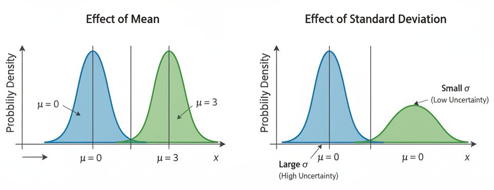 A clean, two-panel educational infographic explaining the Normal (Gaussian) Distribution. Left Panel ('Effect of Mean'): Show two bell curves on the same axis. One curve is centered at μ=0, and a second, different colored curve is centered at μ=3, showing how changing the mean shifts the curve's position. Label the curves and the mean μ. Right Panel ('Effect of Standard Deviation'): Show two bell curves on the same axis, both centered at μ=0. One curve should be tall and narrow, labeled 'Small σ (Low Uncertainty)'. The second curve should be short and wide, labeled 'Large σ (High Uncertainty)'. The overall style should be modern, minimalist, and diagrammatic, with clear labels and a simple, clean color palette. Widescreen aspect ratio.