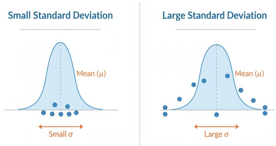 A clean, two-panel educational infographic comparing two datasets with different standard deviations. Left Panel ('Small Standard Deviation'): Show a bell curve distribution that is tall and narrow. Draw a vertical line at its center labeled 'Mean (μ)'. Indicate the small spread with a horizontal double-arrow line below the curve, labeled 'Small σ'. Show a few data points clustered very tightly around the mean. Right Panel ('Large Standard Deviation'): Show a bell curve distribution that is short and wide. Draw a vertical line at its center, also labeled 'Mean (μ)', at the exact same position as the left panel's mean. Indicate the large spread with a longer horizontal double-arrow line, labeled 'Large σ'. Show data points spread out widely from the mean. Use a consistent color palette for both panels. The overall style should be modern, minimalist, and diagrammatic, with clear labels. Widescreen aspect ratio.
