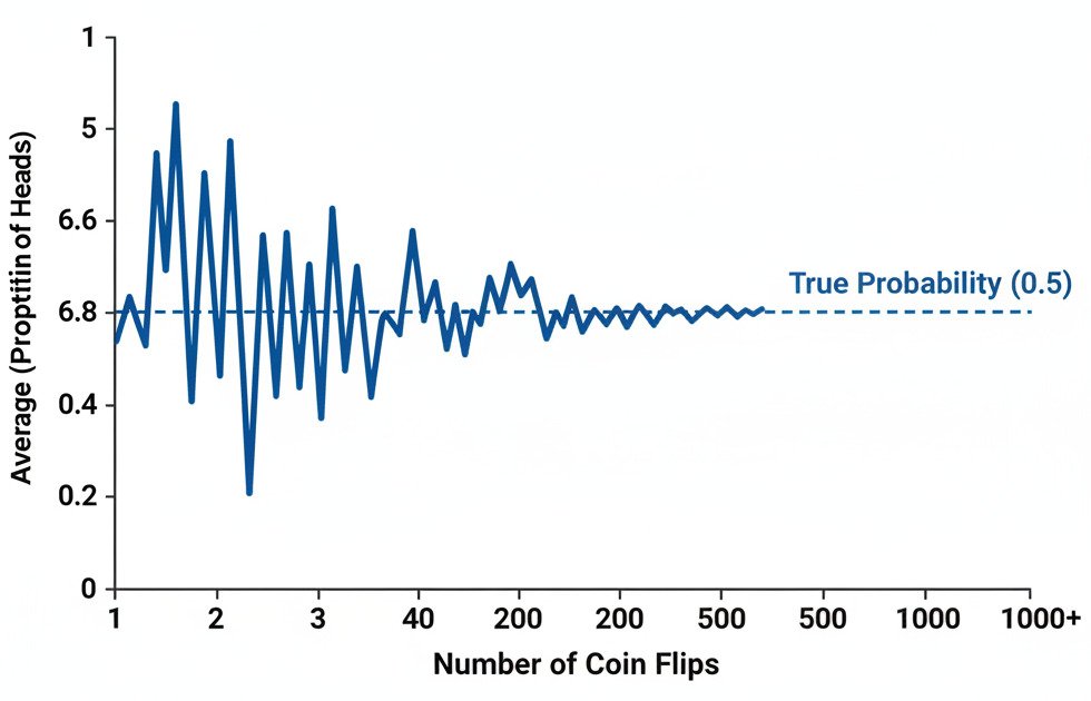 A clean, educational line graph illustrating the Law of Large Numbers using a coin flip example. The horizontal X-axis should be labeled 'Number of Coin Flips' (from 1 to 1000+). The vertical Y-axis should be labeled 'Average (Proportion of Heads)' (from 0 to 1). Draw a straight, dashed horizontal line across the graph at the y=0.5 mark, and label it 'True Probability (0.5)'. Draw a single, jagged, 'random walk' style line that starts on the left. This line should be very erratic and far from 0.5 when the number of flips is small (on the left side of the graph). As the line moves to the right (as the number of flips increases), it should get progressively less jagged and converge, getting closer and closer to the 'True Probability (0.5)' line. The overall style is modern, minimalist, and diagrammatic. Widescreen aspect ratio.