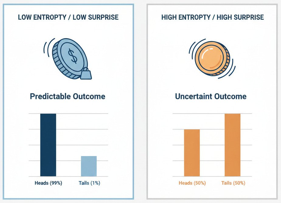 A clean, two-panel infographic diagram comparing low and high entropy using a coin flip analogy. Left Panel ('Low Entropy / Low Surprise'): Show an icon of a heavily biased coin, perhaps weighted on one side. Below it, show a bar chart with a very tall bar for 'Heads (99%)' and a tiny bar for 'Tails (1%)'. Label this panel 'Predictable Outcome'. Right Panel ('High Entropy / High Surprise'): Show an icon of a perfectly balanced, spinning fair coin. Below it, show a bar chart with two bars of equal height for 'Heads (50%)' and 'Tails (50%)'. Label this panel 'Uncertain Outcome'. The overall style is modern, minimalist, and educational, with clear labels and a simple color palette. Widescreen aspect ratio.