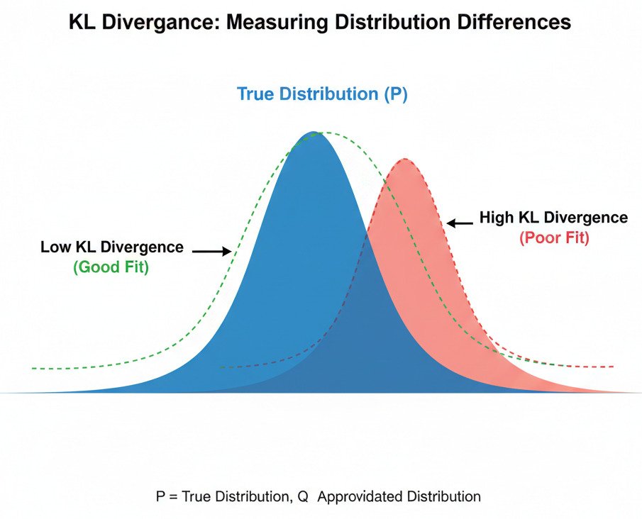 A clean, conceptual infographic explaining KL Divergence. In the center, show a smooth, solid blue curve labeled 'True Distribution (P)'. Overlay two other semi-transparent, dashed-line curves to represent approximations: 1. A green dashed curve that is very close to the blue 'True Distribution'. An arrow points to the small gap between the green and blue curves, labeled 'Low KL Divergence (Good Fit)'. 2. A red dashed curve that has a very different shape and peak from the blue 'True Distribution'. An arrow points to the large, shaded area between the red and blue curves, labeled 'High KL Divergence (Poor Fit)'. The overall style is modern, minimalist, and educational, with clear labels and a simple color palette. Widescreen aspect ratio.