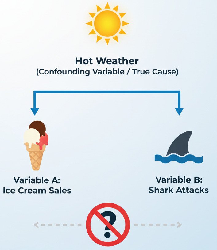 A clean, conceptual infographic diagram explaining the 'Correlation vs. Causation' trap with a confounding variable. In the center, at the top, show a bright, shining sun icon labeled 'Hot Weather (Confounding Variable / True Cause)'. From this sun icon, draw two distinct arrows pointing downwards. • One arrow points to an icon of an ice cream cone on the left, labeled 'Variable A: Ice Cream Sales'. • The other arrow points to an icon of a shark fin in water on the right, labeled 'Variable B: Shark Attacks'. Between the ice cream cone and the shark fin at the bottom, draw a dashed, double-headed arrow with a large question mark or a 'no' symbol (🚫) over it. Label this arrow 'Spurious Correlation (Not Causation)'. The overall style should be modern, minimalist, and educational, with clear labels. Widescreen aspect ratio.
