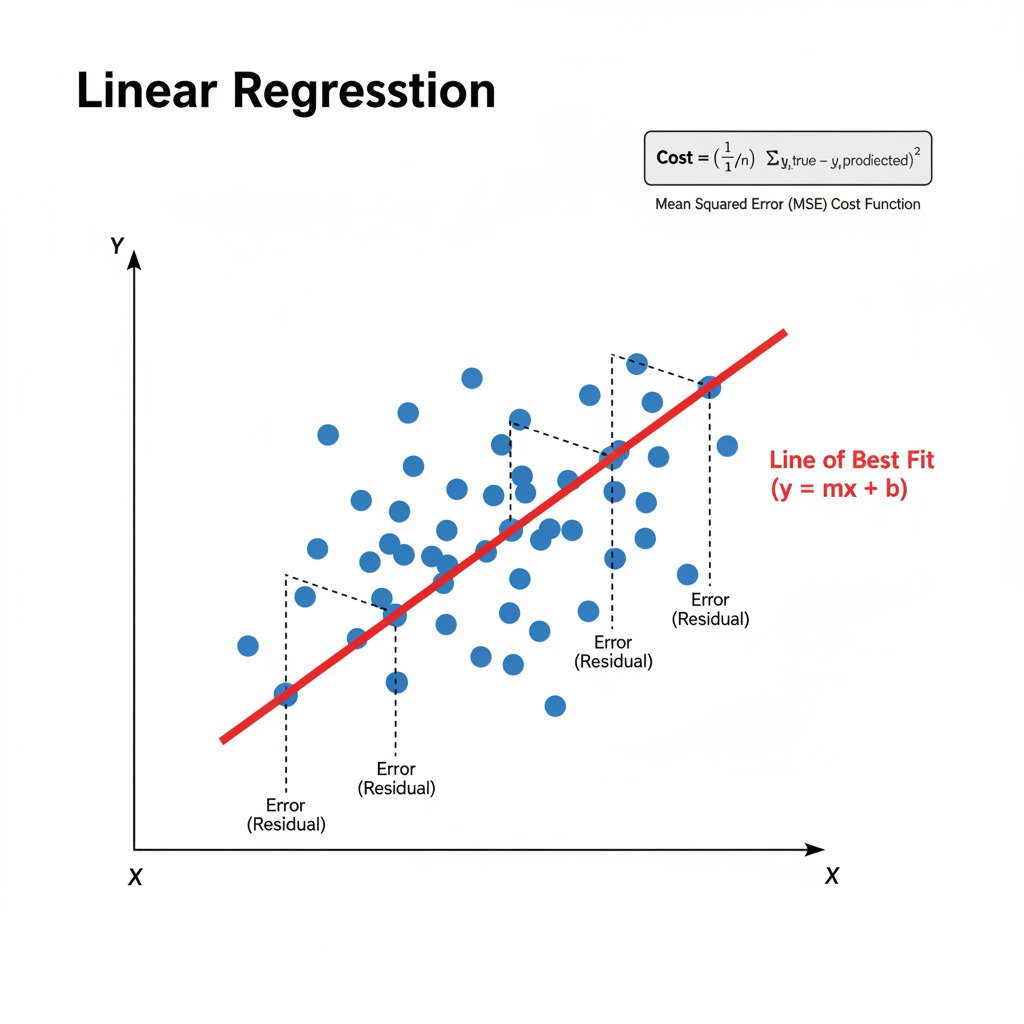 A clean, educational infographic diagram explaining Linear Regression. Show a 2D scatter plot with a clear upward trend of data points. Draw a straight, solid red line passing through the data points, representing the 'Line of Best Fit' (y = mx + b). For several of the data points, draw thin, vertical, dashed lines connecting the point to the red prediction line. Label these dashed lines clearly as 'Error (Residuals)'. In a corner of the diagram, include a small text box with the formula for the Mean Squared Error (MSE) cost function, Cost = (1/n) * Σ(y_true - y_predicted)², to show what is being minimized. The overall style should be modern, minimalist, and diagrammatic.