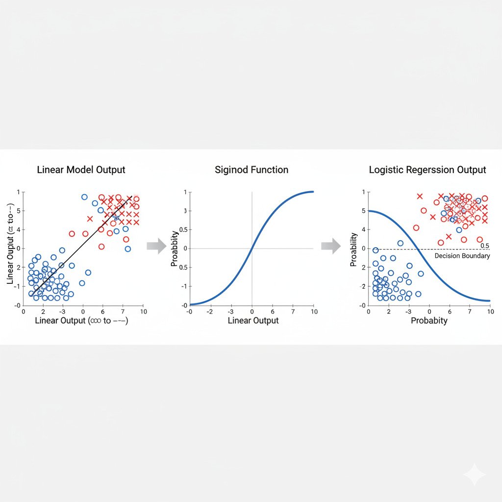 A clean, educational infographic diagram explaining the Logistic Regression process. On the left, show a 2D scatter plot with two distinct classes of data points (e.g., blue circles and red 'X's). Draw a straight line from a linear model that is attempting to separate them, but clearly isn't a perfect fit, with its output value on the Y-axis going infinitely up and down. An arrow points from this plot to the center, where a large, clear graph of the Sigmoid Function is shown. The S-shaped curve should be prominent. The Y-axis should be clearly labeled from 0 to 1, and the X-axis should show negative and positive values. Another arrow points from the Sigmoid graph to the right. On the right, show the final output: the same data points, but now with the S-shaped sigmoid curve perfectly separating the two classes. The Y-axis is now labeled 'Probability'. A horizontal line at y=0.5 is labeled 'Decision Boundary'. The overall style is modern, minimalist, and diagrammatic