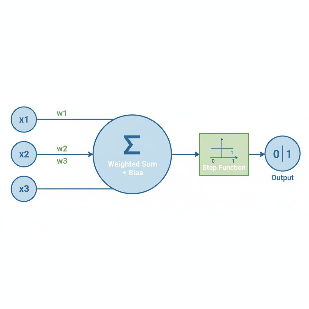 A clean, educational infographic diagram explaining the structure of a Perceptron. On the left, show several labeled input nodes: 'x1', 'x2', 'x3'. Arrows should point from these inputs towards a large central circle, representing the neuron. Along each arrow, show its corresponding weight: 'w1', 'w2', 'w3'. Inside the central circle, show the summation symbol 'Σ' and the text 'Weighted Sum + Bias'. An arrow points from the central circle to the right, going through a small box that visualizes a 'Step Function' (a graph that is 0 for negative inputs and jumps to 1 for positive inputs). On the far right, show the final result, a single 'Output' node displaying a '0' or a '1'. The overall style should be modern, minimalist, and diagrammatic, with a clean color palette.