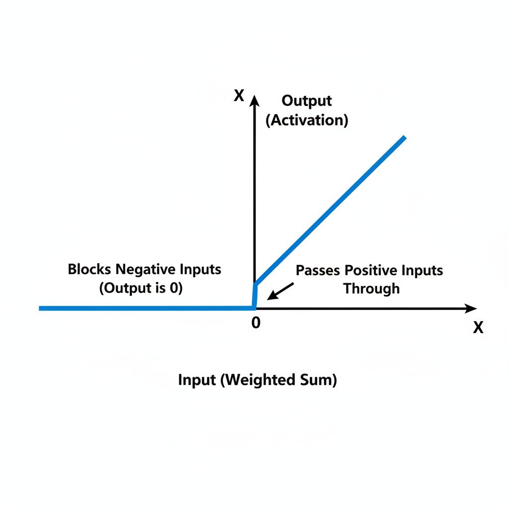 A clean, educational graph of the ReLU (Rectified Linear Unit) activation function. Show a 2D coordinate plane with the X-axis labeled 'Input (Weighted Sum)' and the Y-axis labeled 'Output (Activation)'. Draw the ReLU function's graph as a bold, colored line: • For all negative X values, the line should be flat along the X-axis at y=0. • At x=0, the line should bend sharply upwards. • For all positive X values, the line should go up and to the right at a perfect 45-degree angle (y=x). Add simple text annotations to the graph: 'Blocks Negative Inputs (Output is 0)' on the left part of the line, and 'Passes Positive Inputs Through' on the right part of the line. The overall style should be modern, minimalist, and diagrammatic.