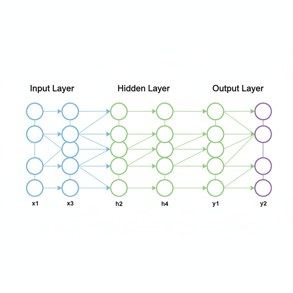 A clean, educational infographic diagram of a simple Multi-Layer Perceptron (MLP) neural network. From left to right, show three distinct layers of nodes (circles): 1. 'Input Layer' on the left, with about 4 nodes. Label it clearly. 2. 'Hidden Layer' in the middle, with about 5 nodes. Label it clearly. 3. 'Output Layer' on the right, with 2 nodes. Label it clearly. Draw lines connecting every node in the Input Layer to every node in the Hidden Layer. Then, draw lines connecting every node in the Hidden Layer to every node in the Output Layer. Use arrows to show the direction of information flow from left to right. The overall style should be modern, minimalist, and diagrammatic, with a clean color palette.